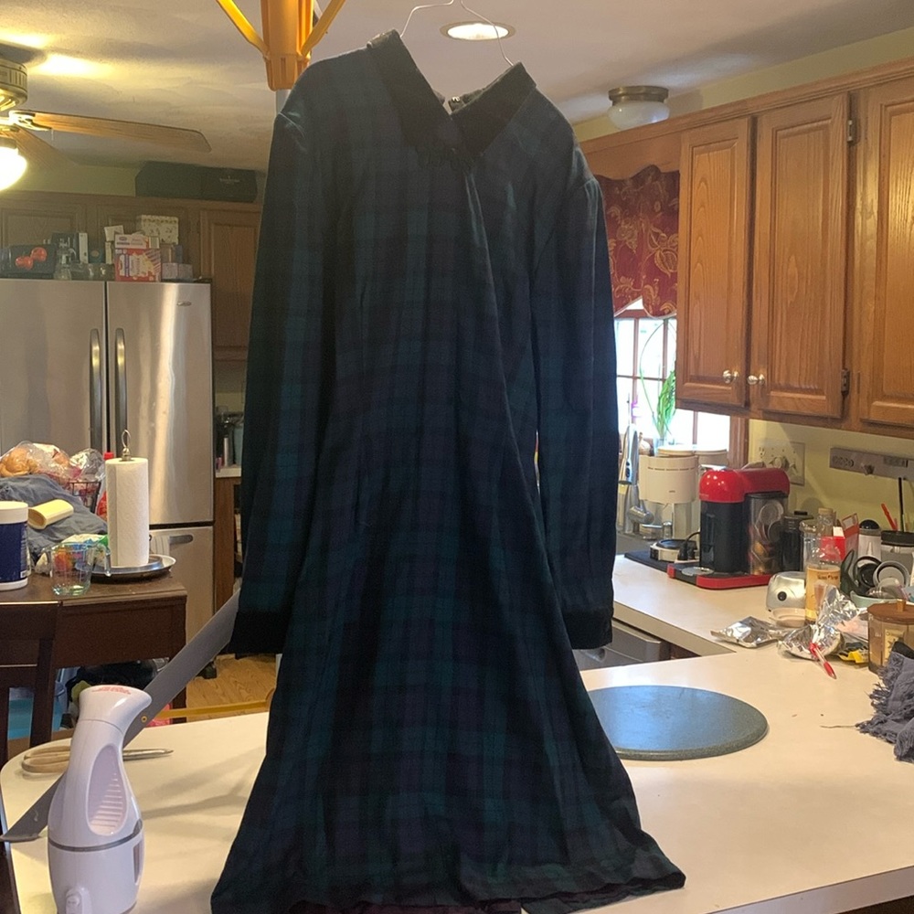 Black watch tartan plaid wool dress with velvet collar and cuffs